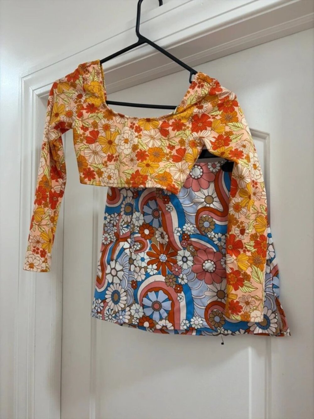 Retro Floral 2 Piece Set Long Sleeve Crop Top + Mini Skirt